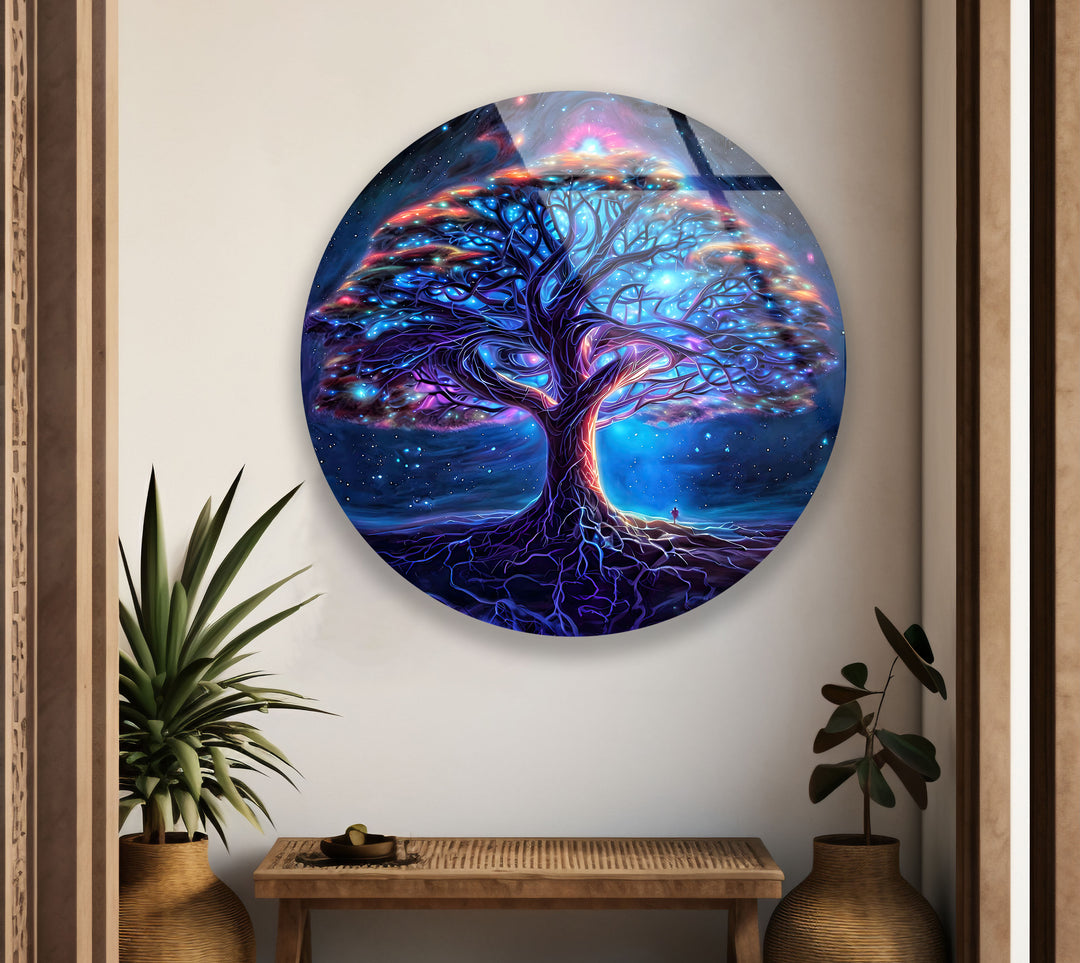 Galaxy Tree of Life Round Glass Wall Art – Mystical Cosmic Home Decor