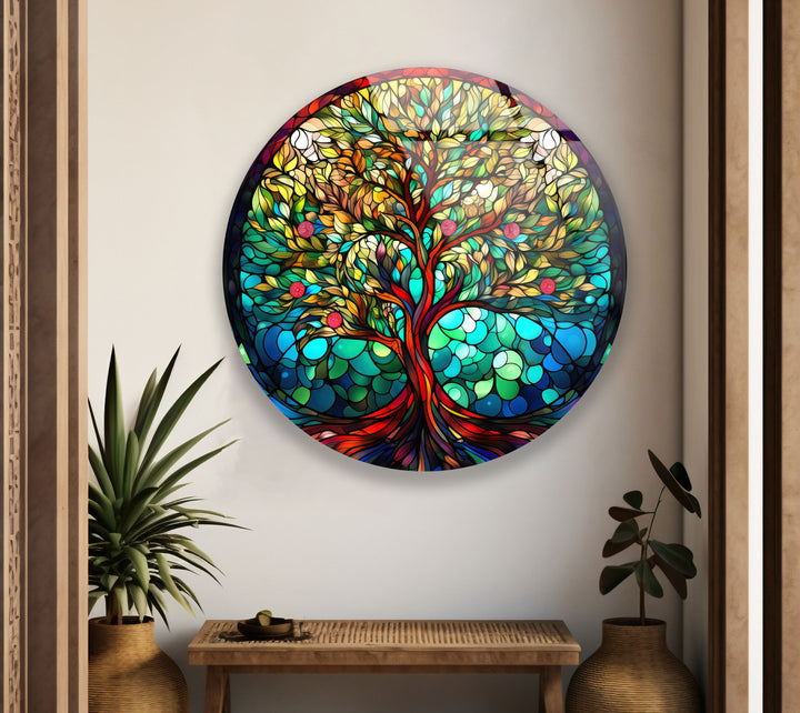 Fruchtbarer Lebensbaum Wandkunst – Rundes Buntglas-Druckdesign