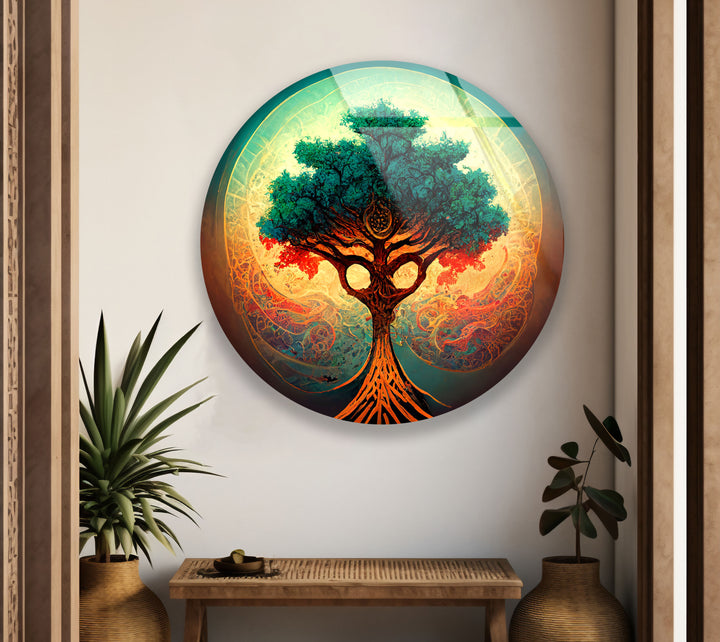 Mystical Tree of Life Round Wall Art – Vibrant Abstract Glass Decor for Modern Homes