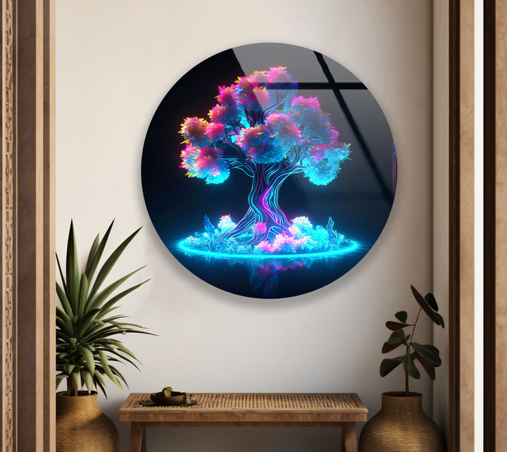 Neon Fantasy Tree Wall Art – Futuristic Round Glass Wall Decor for Modern Spaces