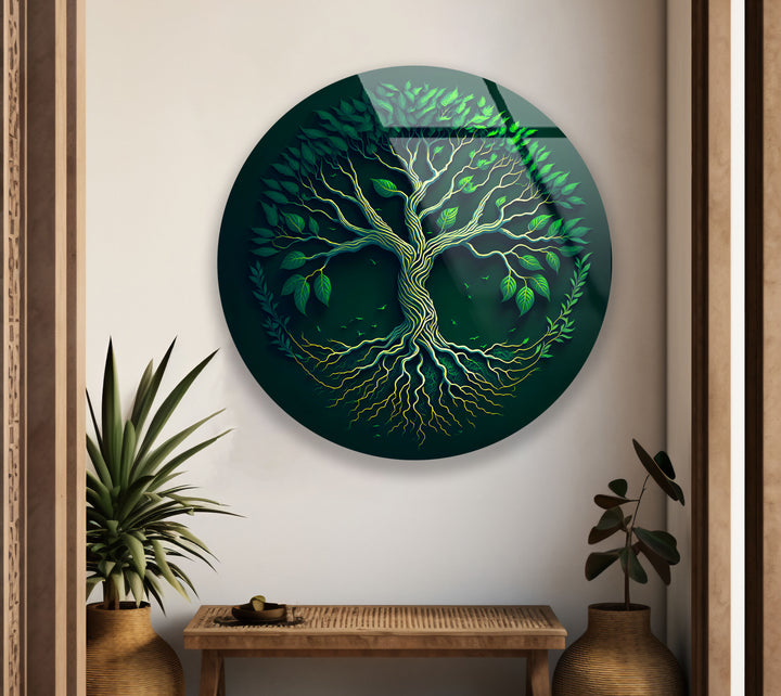 Green Tree of Life Wall Art – Round Glass Wall Decor for Modern Spaces