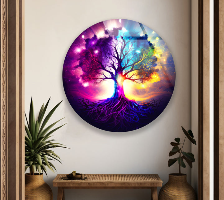 Galaxy Tree of Life Wall Art – Vibrant Round Glass Wall Decor for Home & Office