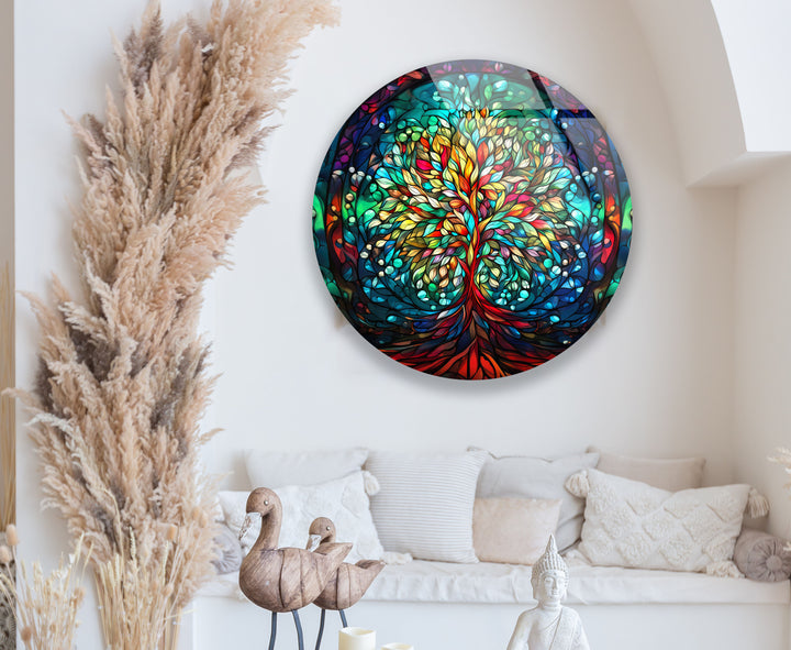 Runde Wandkunst mit Lebensbaum – Farbenfrohes Glasmalerei-Druckdesign