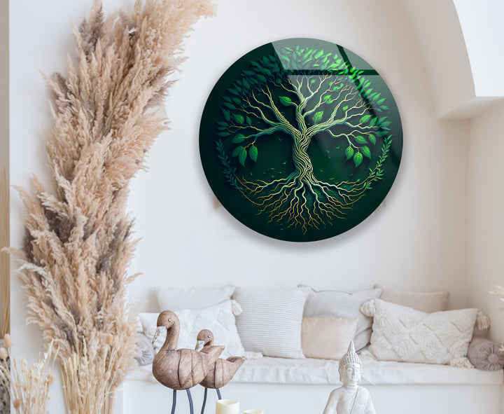 Green Tree of Life Wall Art – Round Glass Wall Decor for Modern Spaces