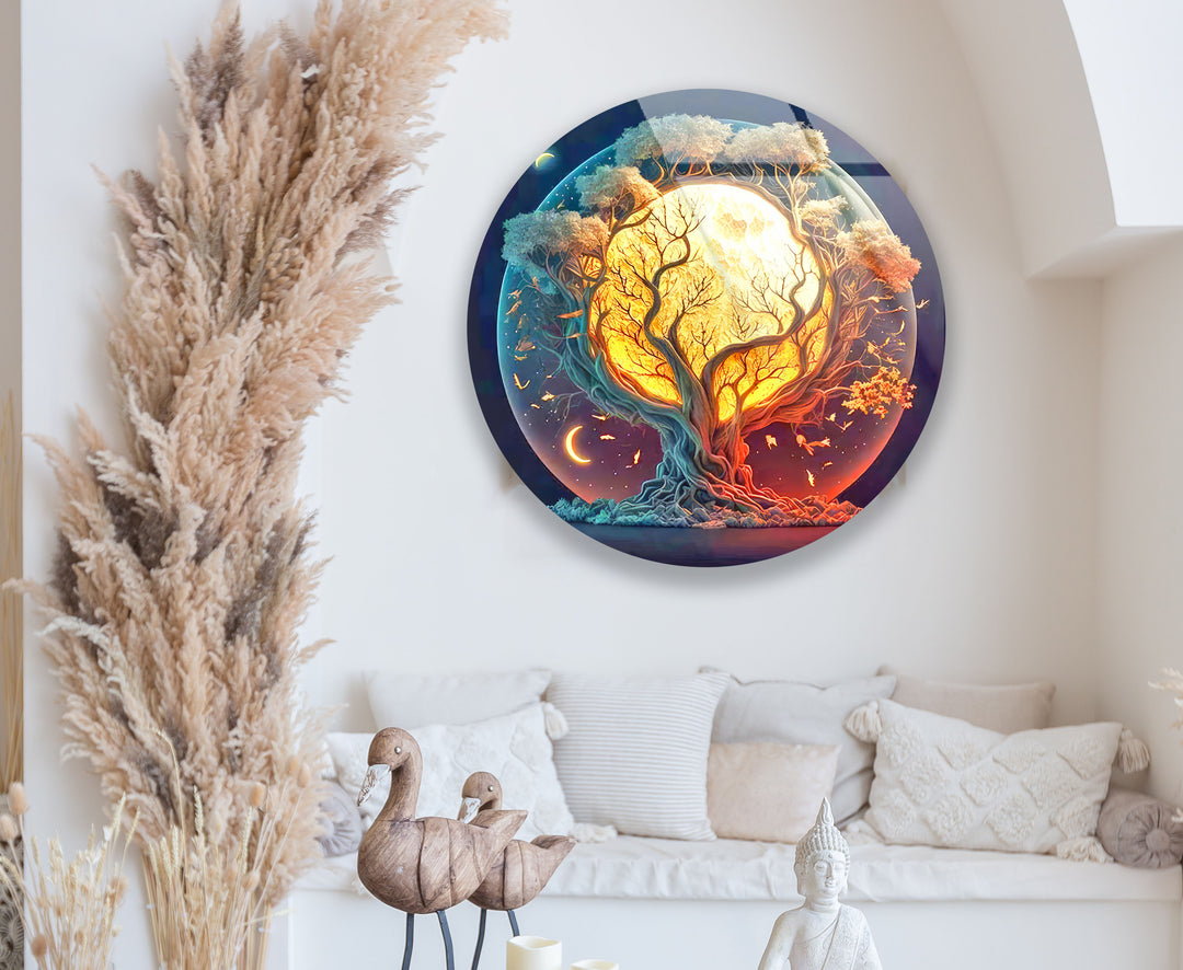 Mystische Mondbaum-Wandkunst – Runder Glasdruck mit Tag- und Nacht-Design