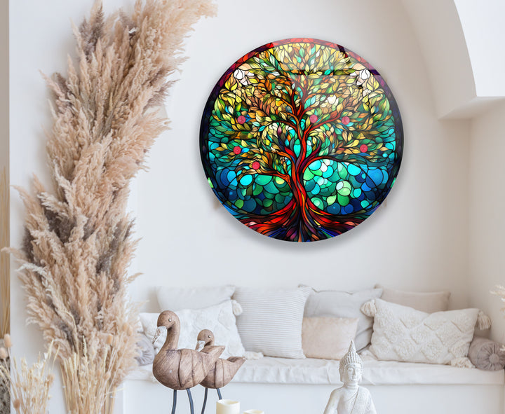 Fruchtbarer Lebensbaum Wandkunst – Rundes Buntglas-Druckdesign