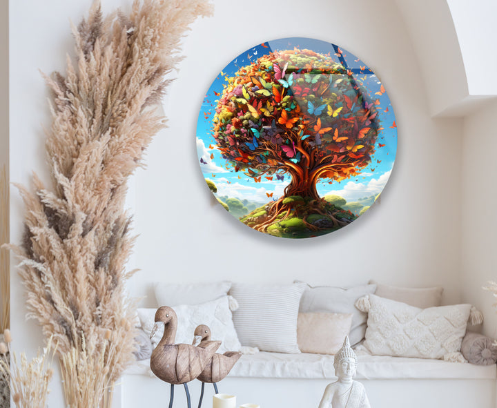 Butterfly Tree of Life Round Glass Wall Art – Vibrant Nature Decor for Living Room