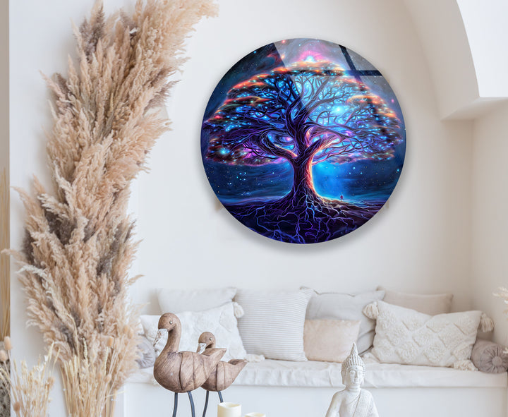 Galaxy Tree of Life Round Glass Wall Art – Mystical Cosmic Home Decor