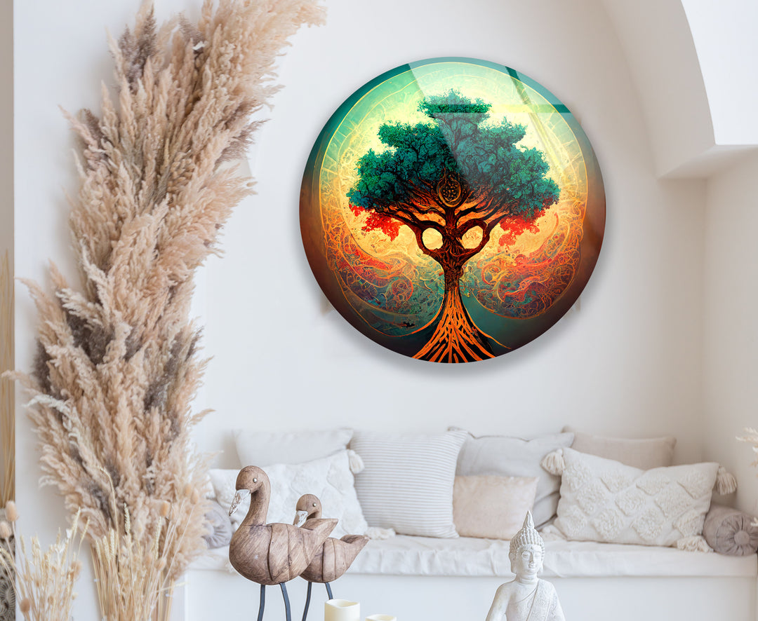 Mystical Tree of Life Round Wall Art – Vibrant Abstract Glass Decor for Modern Homes