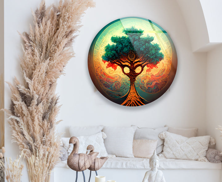 Mystical Tree of Life Round Wall Art – Vibrant Abstract Glass Decor for Modern Homes