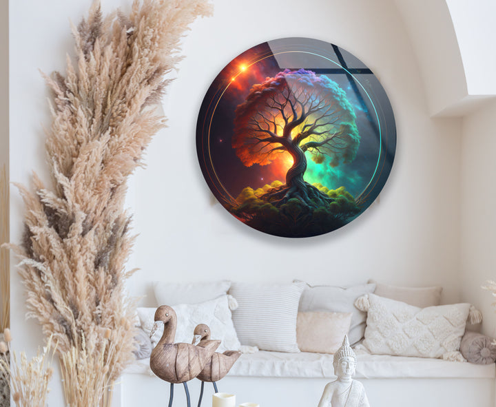 Cosmic Tree of Life Wall Art – Vibrant Round Glass Wall Decor for Modern Spaces