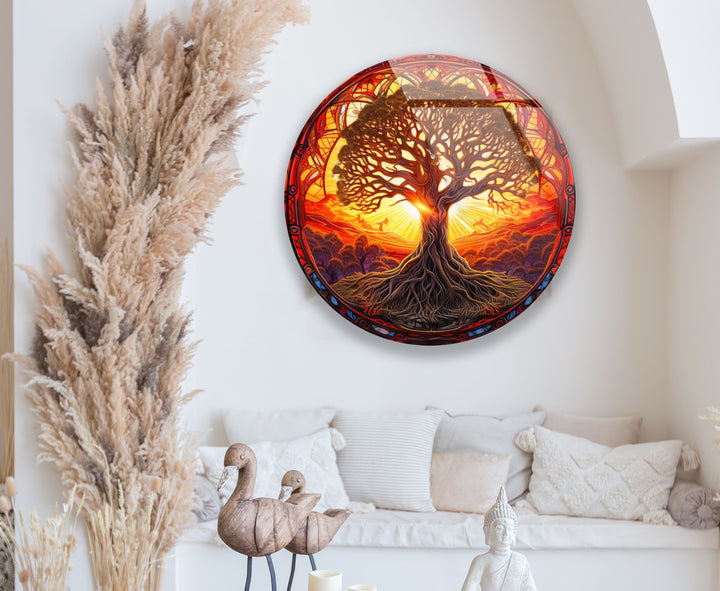 Runde Wandkunst „Baum des Lebens“ bei Sonnenuntergang – Lebendiges Glasdekor für naturinspirierte Räume