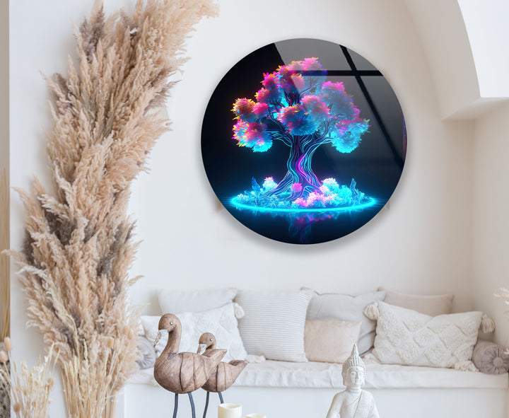 Neon Fantasy Tree Wall Art – Futuristic Round Glass Wall Decor for Modern Spaces