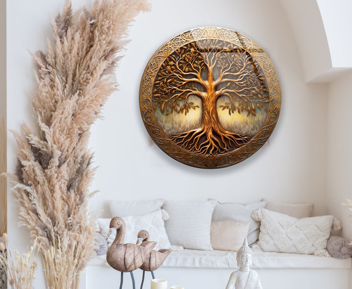 Golden Tree of Life Round Glass Wall Art – Celtic Inspired Spiritual Decor