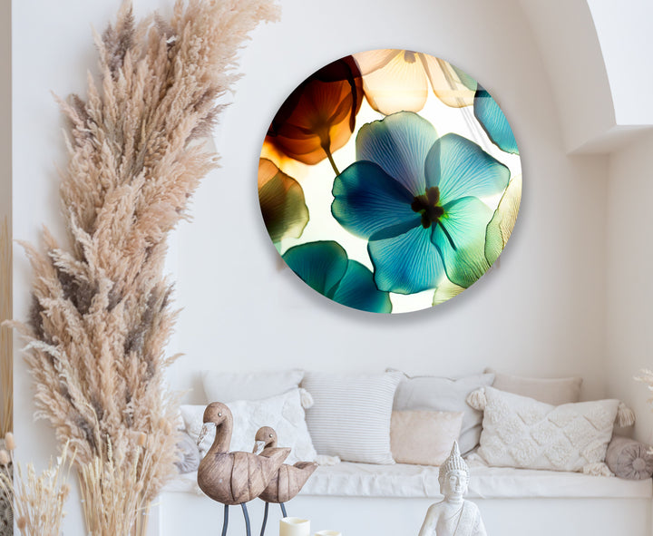 Translucent Floral Glass Wall Art – Round Botanical Print for Modern Decor