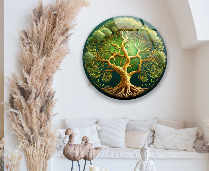 Lush Green Tree of Life Round Wall Art – Nature Inspired Glass Wall Decor