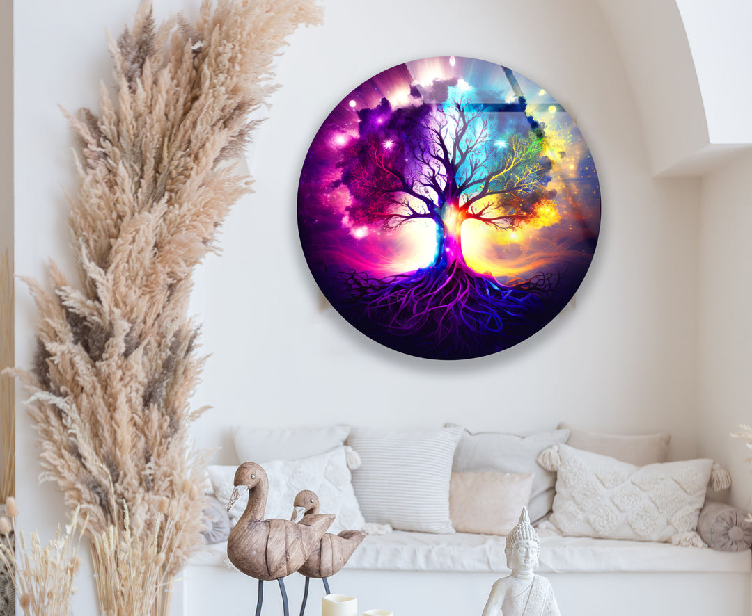 Galaxy Tree of Life Wall Art – Vibrant Round Glass Wall Decor for Home & Office