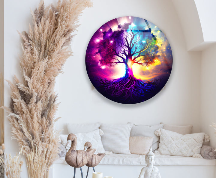 Galaxy Tree of Life Wall Art – Vibrant Round Glass Wall Decor for Home & Office