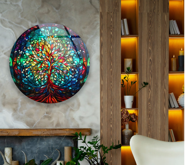 Runde Wandkunst mit Lebensbaum – Farbenfrohes Glasmalerei-Druckdesign