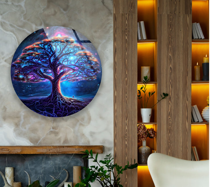 Galaxy Tree of Life Round Glass Wall Art – Mystical Cosmic Home Decor