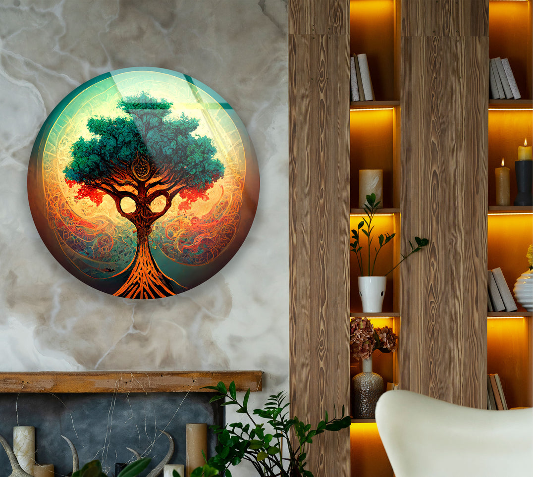 Mystical Tree of Life Round Wall Art – Vibrant Abstract Glass Decor for Modern Homes