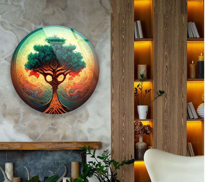 Mystical Tree of Life Round Wall Art – Vibrant Abstract Glass Decor for Modern Homes