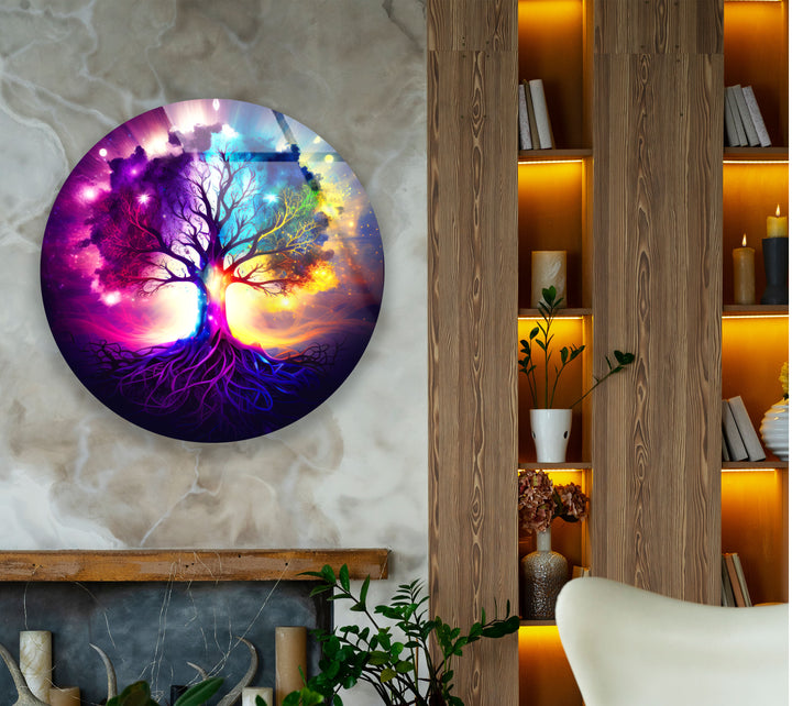 Galaxy Tree of Life Wall Art – Vibrant Round Glass Wall Decor for Home & Office