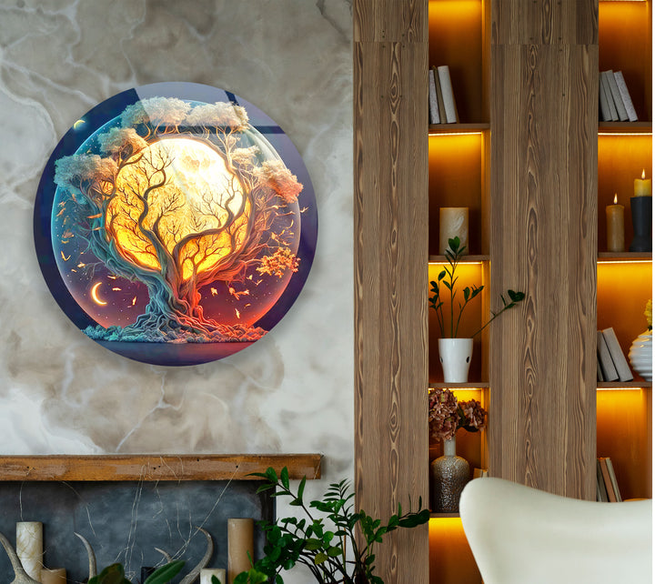 Mystische Mondbaum-Wandkunst – Runder Glasdruck mit Tag- und Nacht-Design