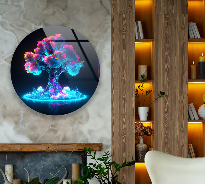 Neon Fantasy Tree Wall Art – Futuristic Round Glass Wall Decor for Modern Spaces