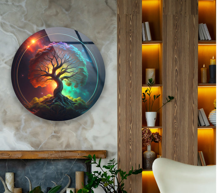 Cosmic Tree of Life Wall Art – Vibrant Round Glass Wall Decor for Modern Spaces