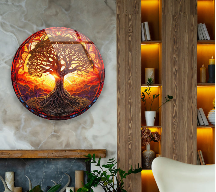 Runde Wandkunst „Baum des Lebens“ bei Sonnenuntergang – Lebendiges Glasdekor für naturinspirierte Räume