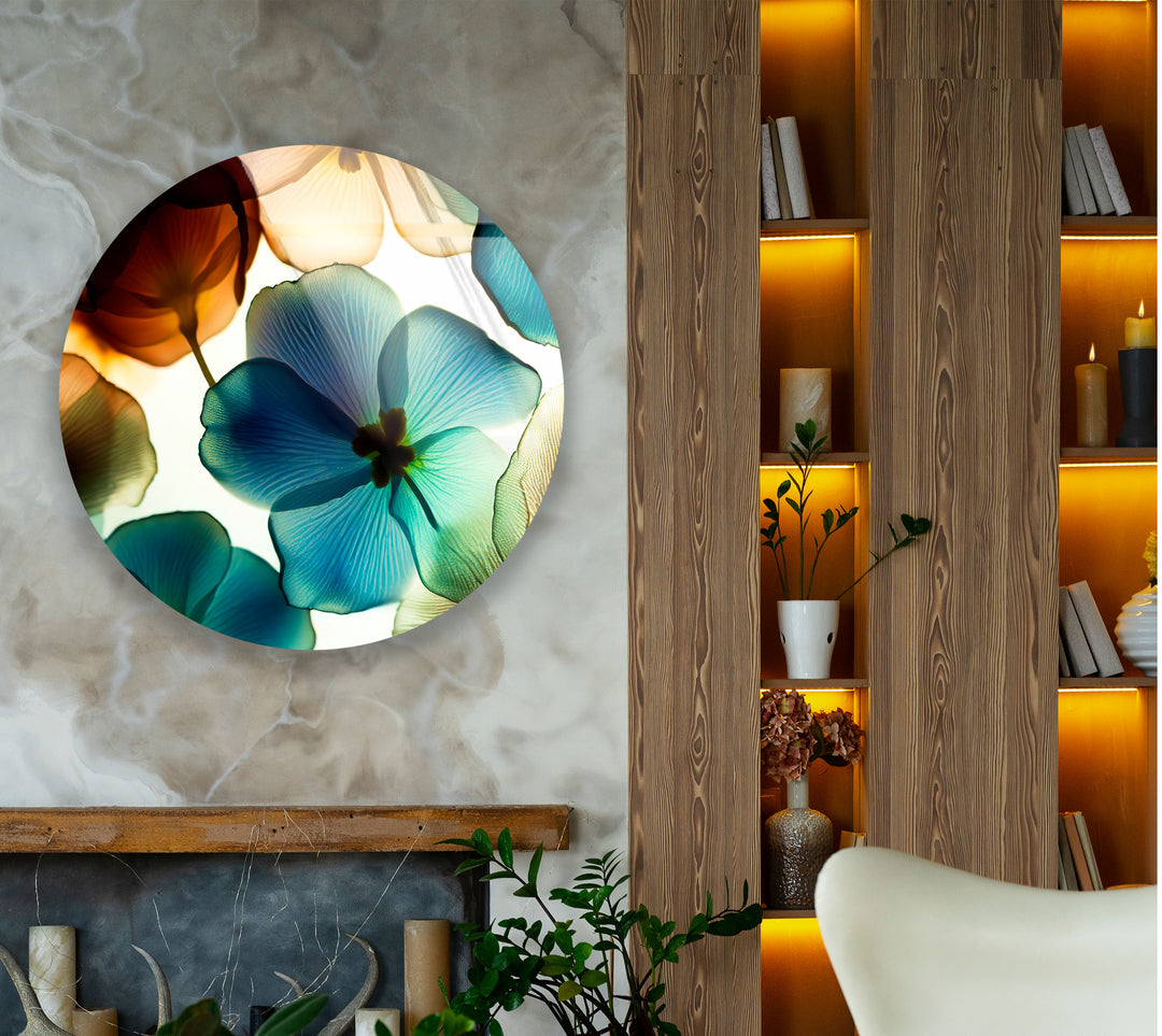 Translucent Floral Glass Wall Art – Round Botanical Print for Modern Decor