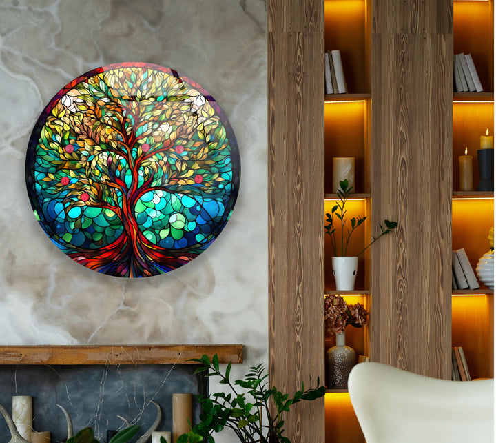 Fruchtbarer Lebensbaum Wandkunst – Rundes Buntglas-Druckdesign