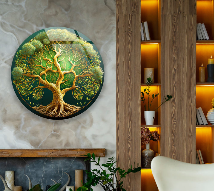 Lush Green Tree of Life Round Wall Art – Nature Inspired Glass Wall Decor