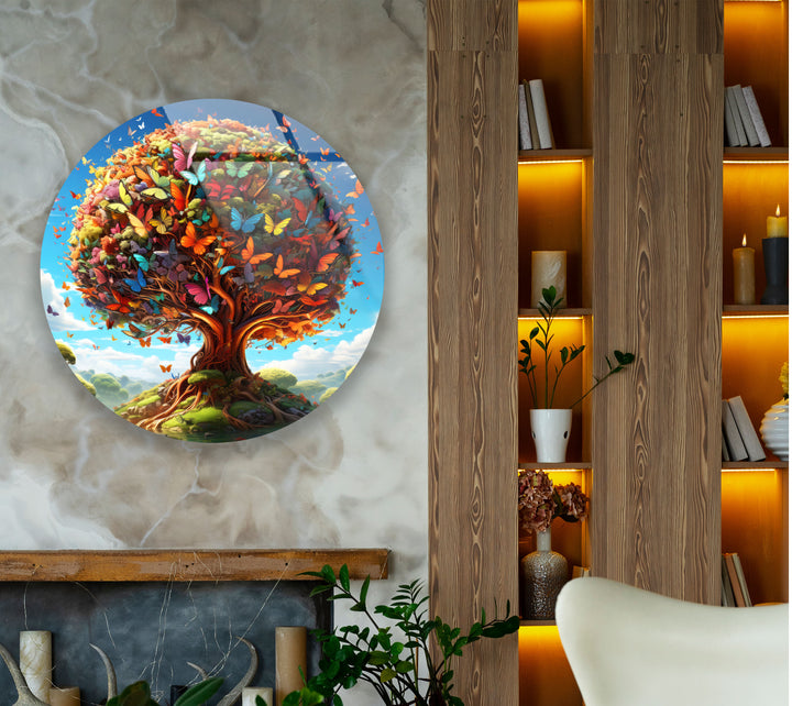 Butterfly Tree of Life Round Glass Wall Art – Vibrant Nature Decor for Living Room