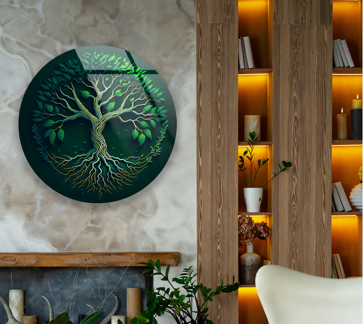 Green Tree of Life Wall Art – Round Glass Wall Decor for Modern Spaces