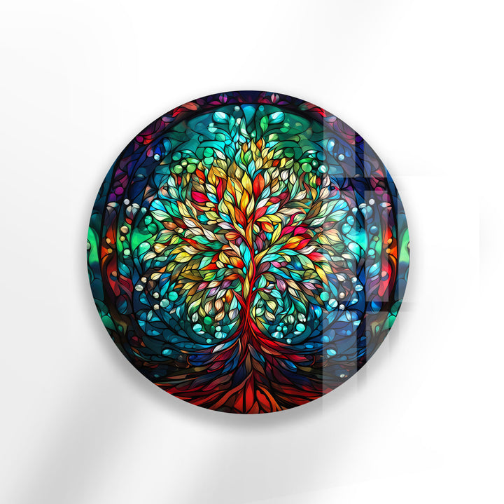 Runde Wandkunst mit Lebensbaum – Farbenfrohes Glasmalerei-Druckdesign