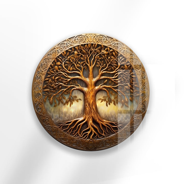 Golden Tree of Life Round Glass Wall Art – Celtic Inspired Spiritual Decor