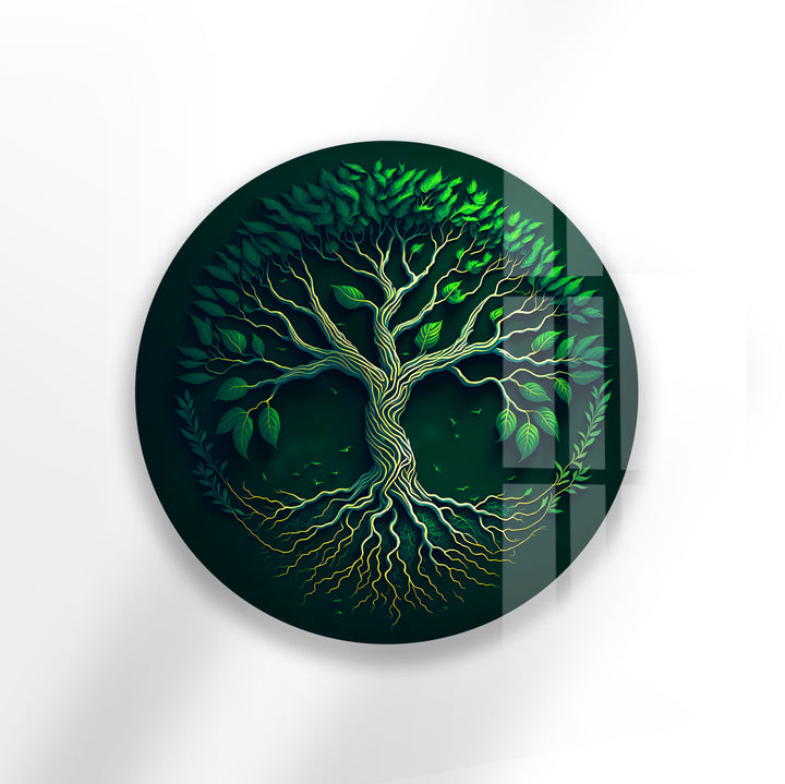 Green Tree of Life Wall Art – Round Glass Wall Decor for Modern Spaces