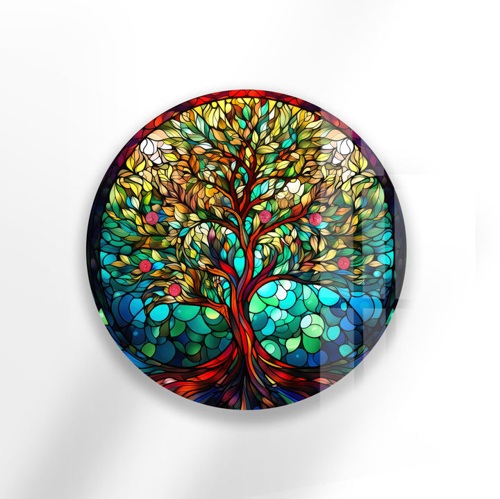 Fruchtbarer Lebensbaum Wandkunst – Rundes Buntglas-Druckdesign