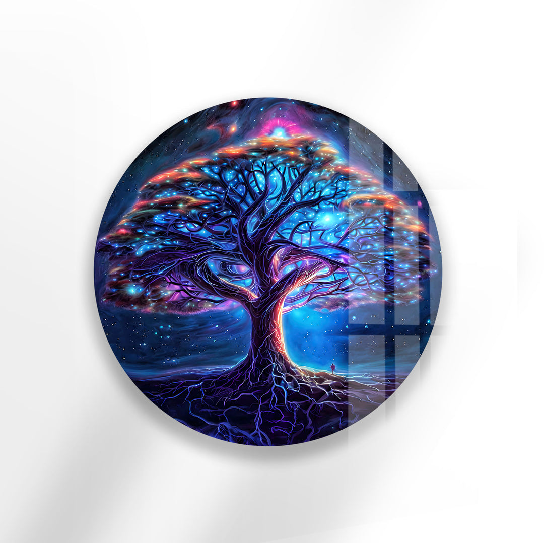 Galaxy Tree of Life Round Glass Wall Art – Mystical Cosmic Home Decor