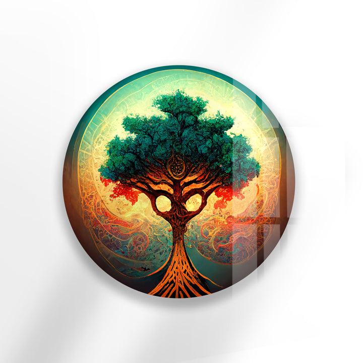 Mystical Tree of Life Round Wall Art – Vibrant Abstract Glass Decor for Modern Homes