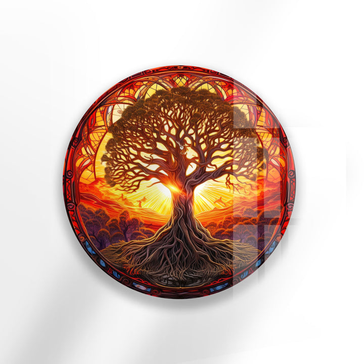 Runde Wandkunst „Baum des Lebens“ bei Sonnenuntergang – Lebendiges Glasdekor für naturinspirierte Räume