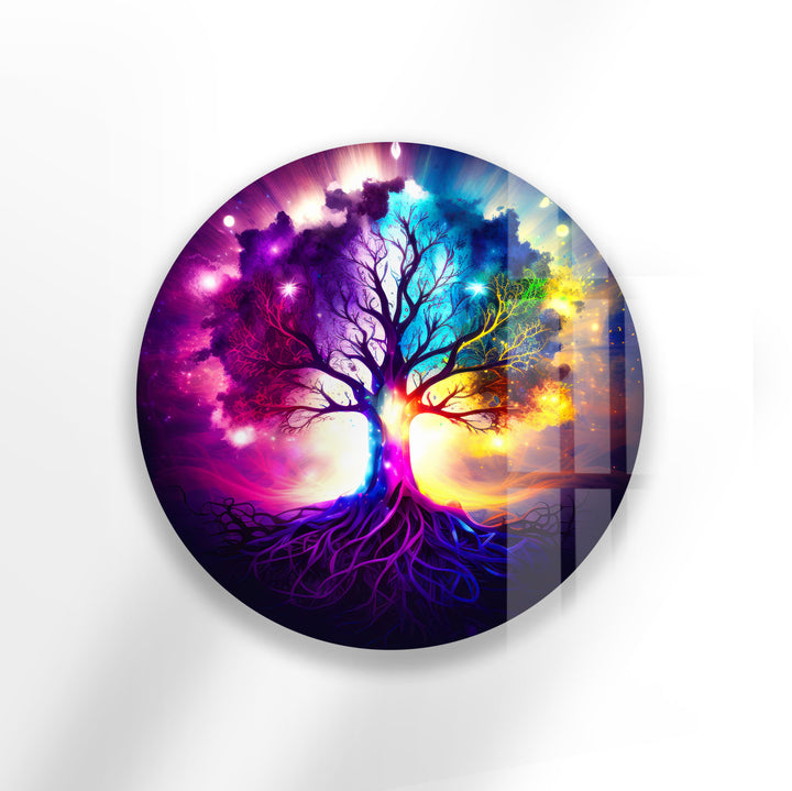Galaxy Tree of Life Wall Art – Vibrant Round Glass Wall Decor for Home & Office