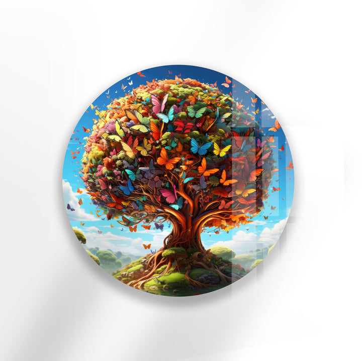 Butterfly Tree of Life Round Glass Wall Art – Vibrant Nature Decor for Living Room