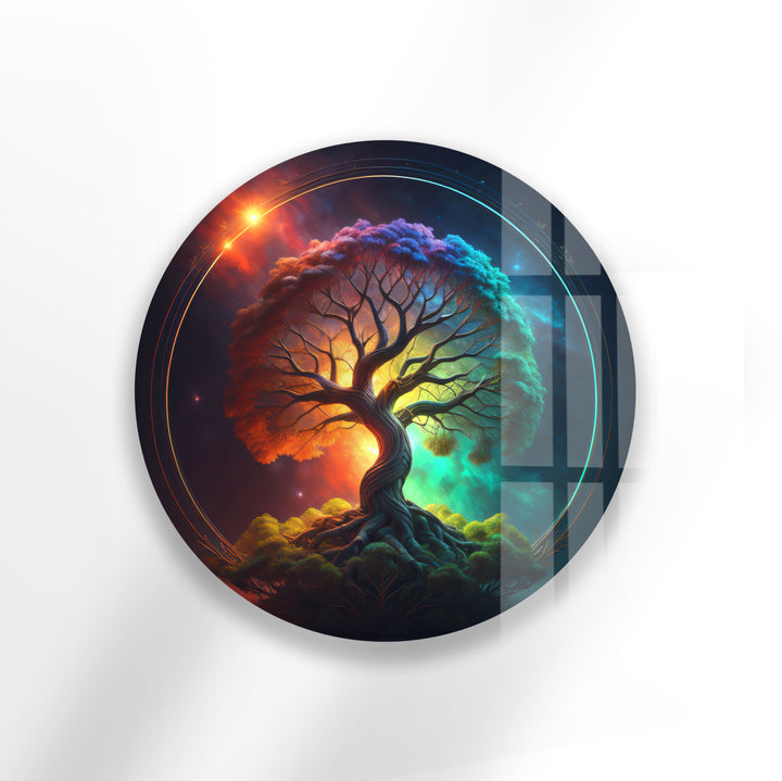Cosmic Tree of Life Wall Art – Vibrant Round Glass Wall Decor for Modern Spaces