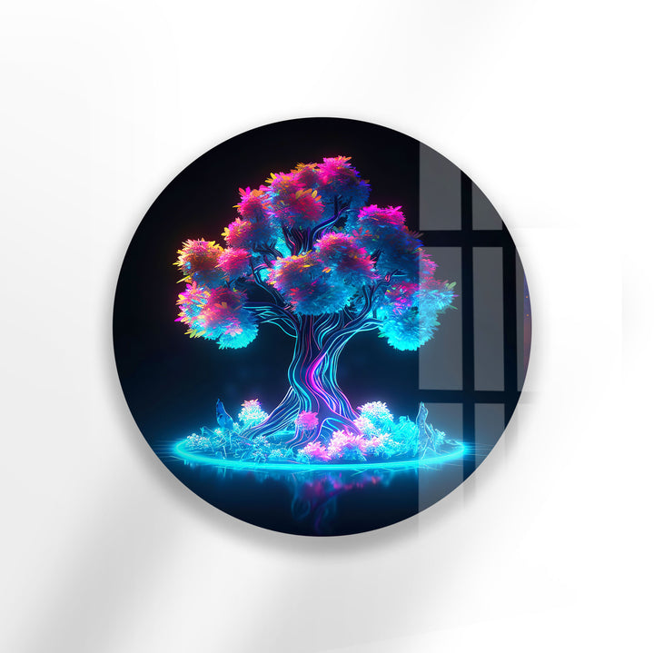 Neon Fantasy Tree Wall Art – Futuristic Round Glass Wall Decor for Modern Spaces