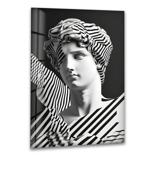 Abstract sculpture art prints feature a white bust adorned with bold black and white stripes.