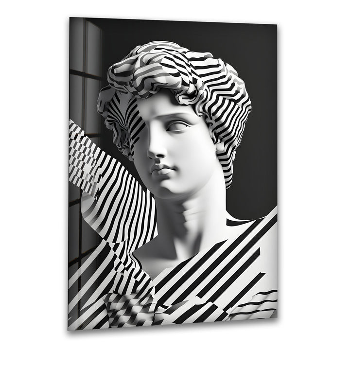 Modern Abstract Sculpture Art: Black and white stripes blend with classical sculpture to create a striking visual contrast on glass.
