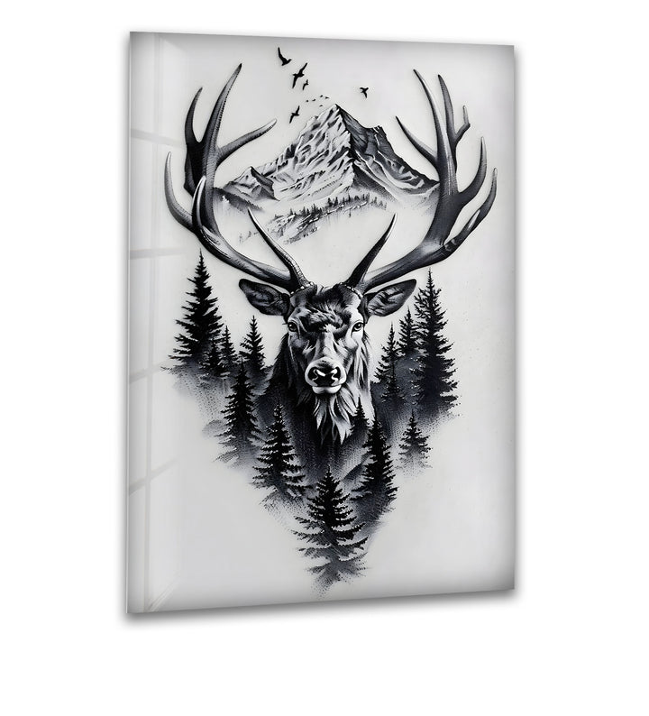 Majestätischer Hirsch &amp; Berg – Schwarz-Weiß-Wandkunst mit Wildtieren